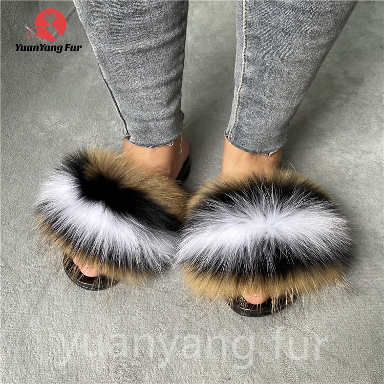 2023 Dropshipping Custom Colorful Full Racoon/Fox Fur Slides Slippers For Women And Kids