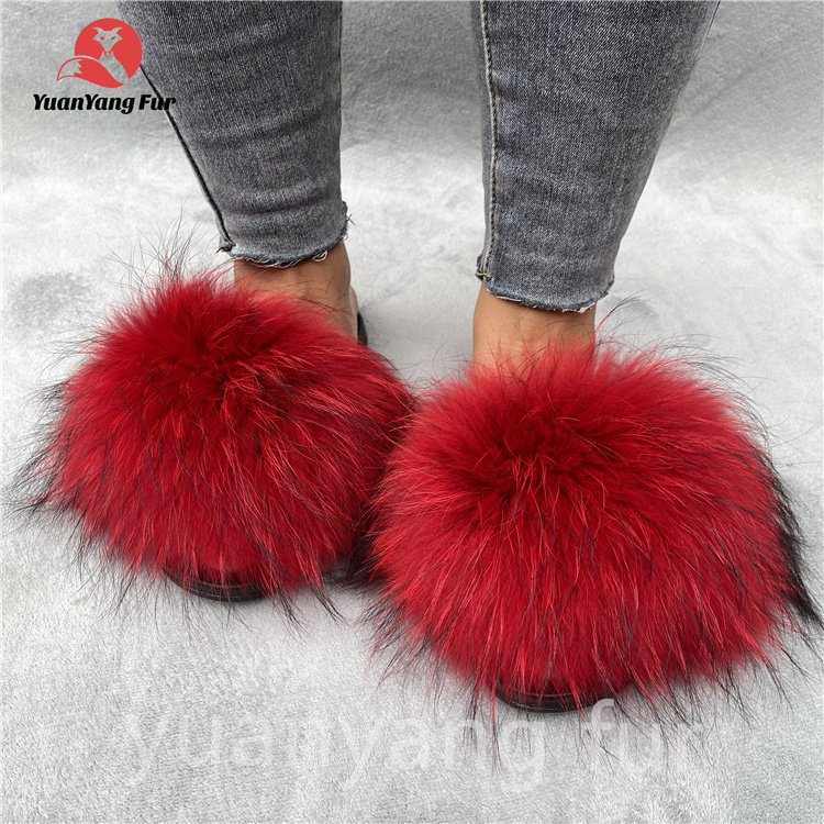 2023 Dropshipping Custom Colorful Full Racoon/Fox Fur Slides Slippers For Women And Kids
