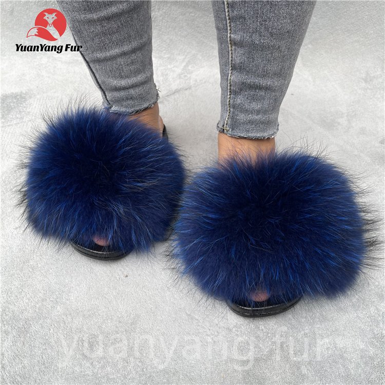 2023 Dropshipping Custom Colorful Full Racoon/Fox Fur Slides Slippers For Women And Kids