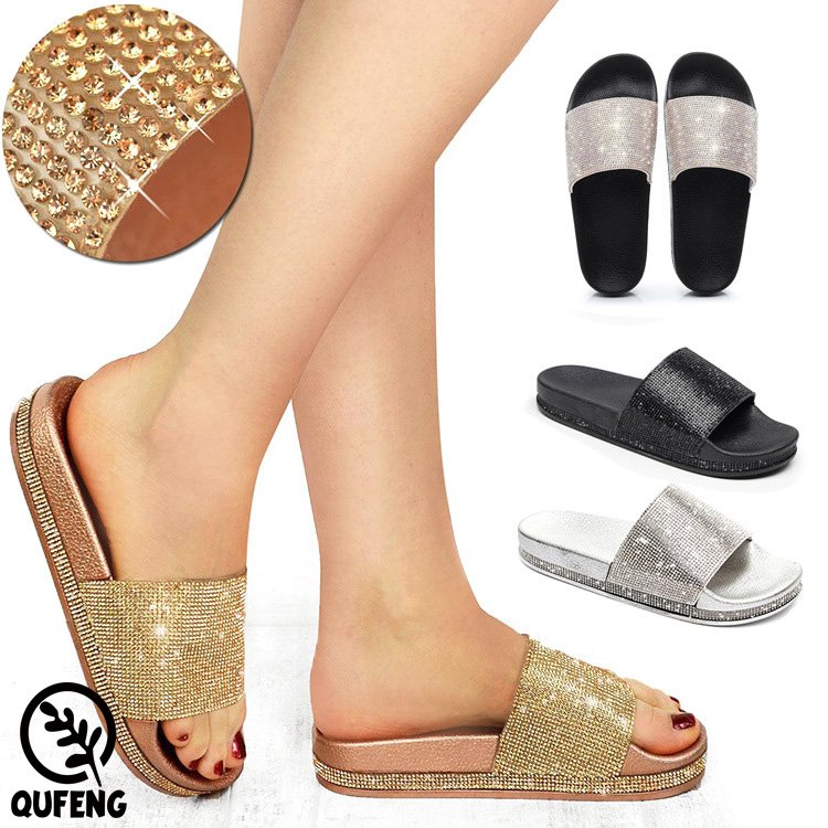 Ladies Bling Rhinestone Slides High Platform Sandals Thick Sole Crystal Beach Flat Slippers For Women