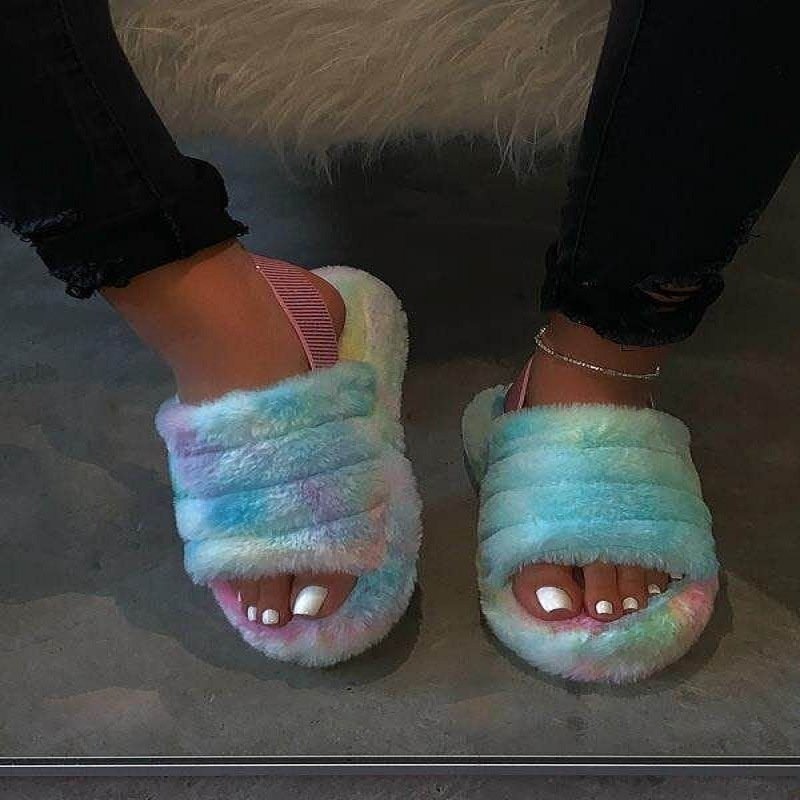 ACORLIFE Wholesale winter Super Explosive Style Hot sale fur women sandals Fashion Furry Home Flat Furry Slippers