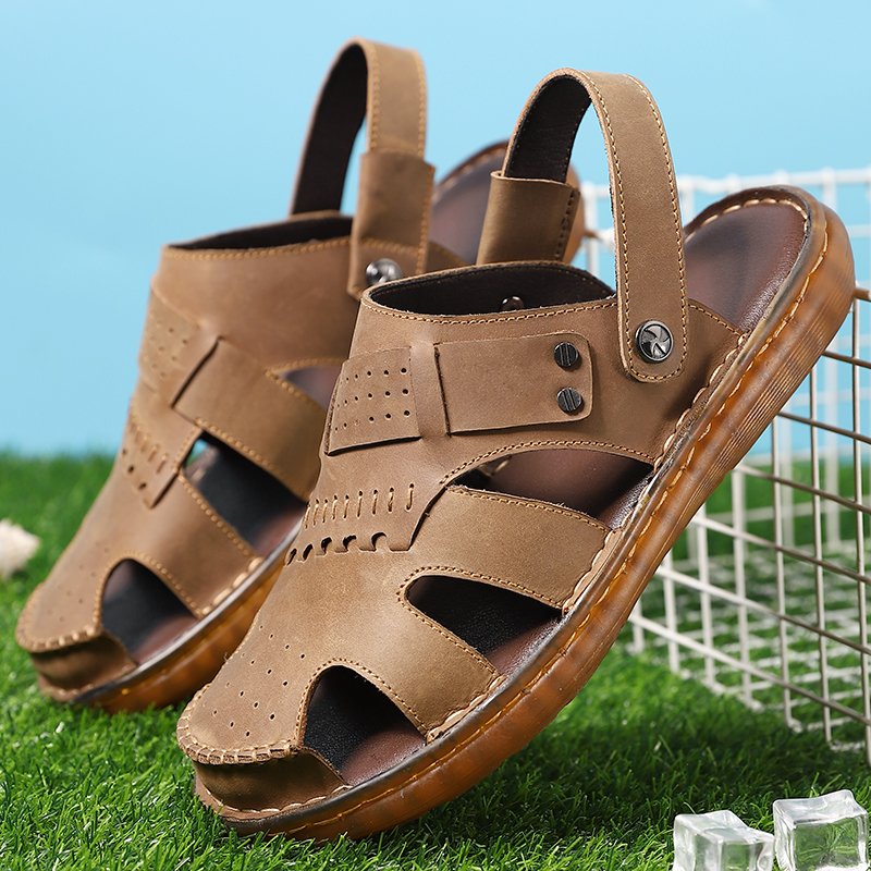 Plus Size 46 Full Grain Leather Slide Sandals Summer Mens Closed Toe Sandals Slipper Shoes Sport Leather Sandals For Men