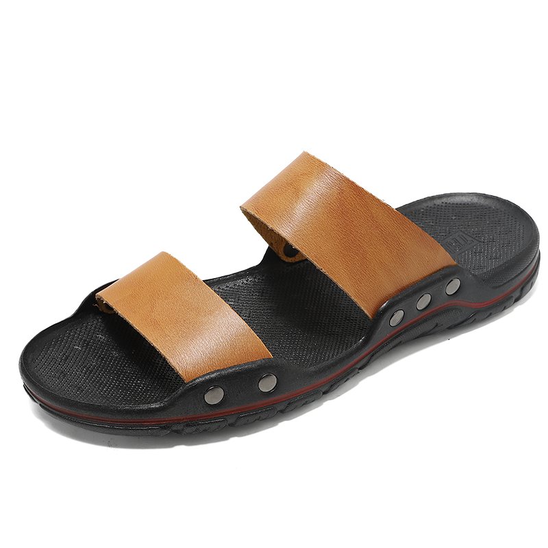 Men's Slides Slippers Outdoor Sandals Beach Shoes Flats Leather Open-toe Sport Low-top Summer Breathable Casual Light-weight