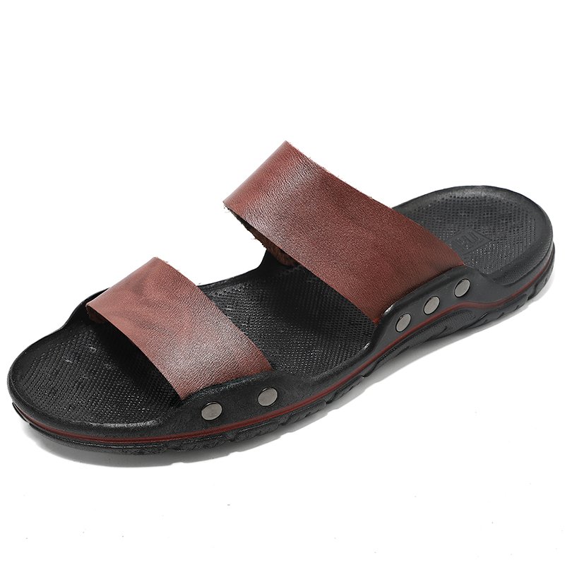 Men's Slides Slippers Outdoor Sandals Beach Shoes Flats Leather Open-toe Sport Low-top Summer Breathable Casual Light-weight