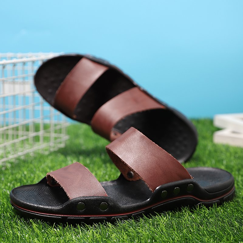 Men's Slides Slippers Outdoor Sandals Beach Shoes Flats Leather Open-toe Sport Low-top Summer Breathable Casual Light-weight