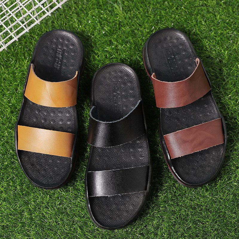 Men's Slides Slippers Outdoor Sandals Beach Shoes Flats Leather Open-toe Sport Low-top Summer Breathable Casual Light-weight