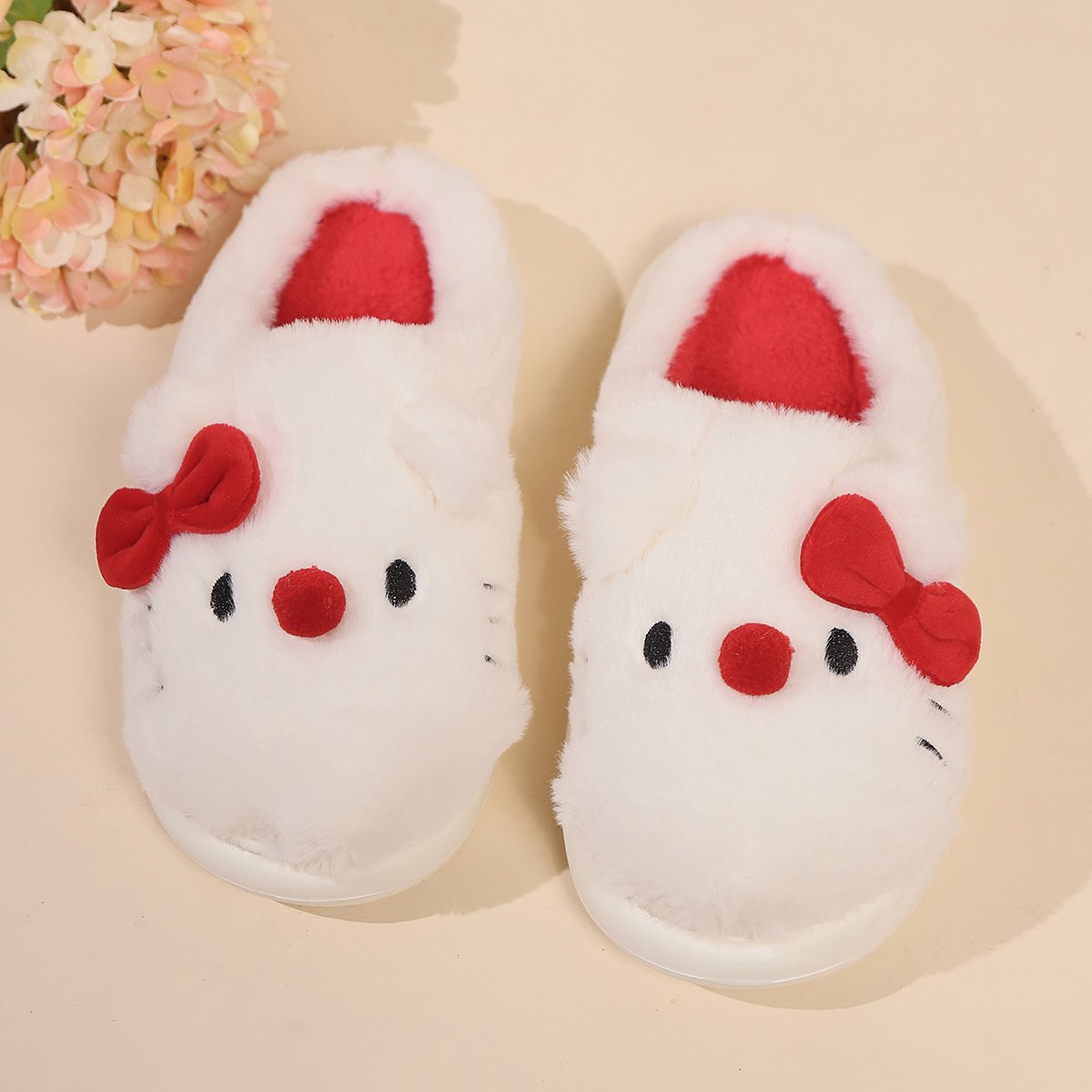 Lovely Winter Cat Red Nose Plush Shoes Indoor Ladies House Slides Comfy Warm Home Soft Plush Kitten Slipper