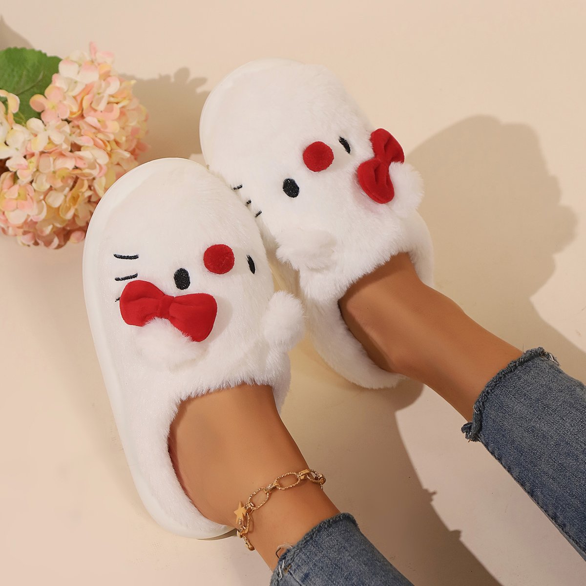 Lovely Winter Cat Red Nose Plush Shoes Indoor Ladies House Slides Comfy Warm Home Soft Plush Kitten Slipper
