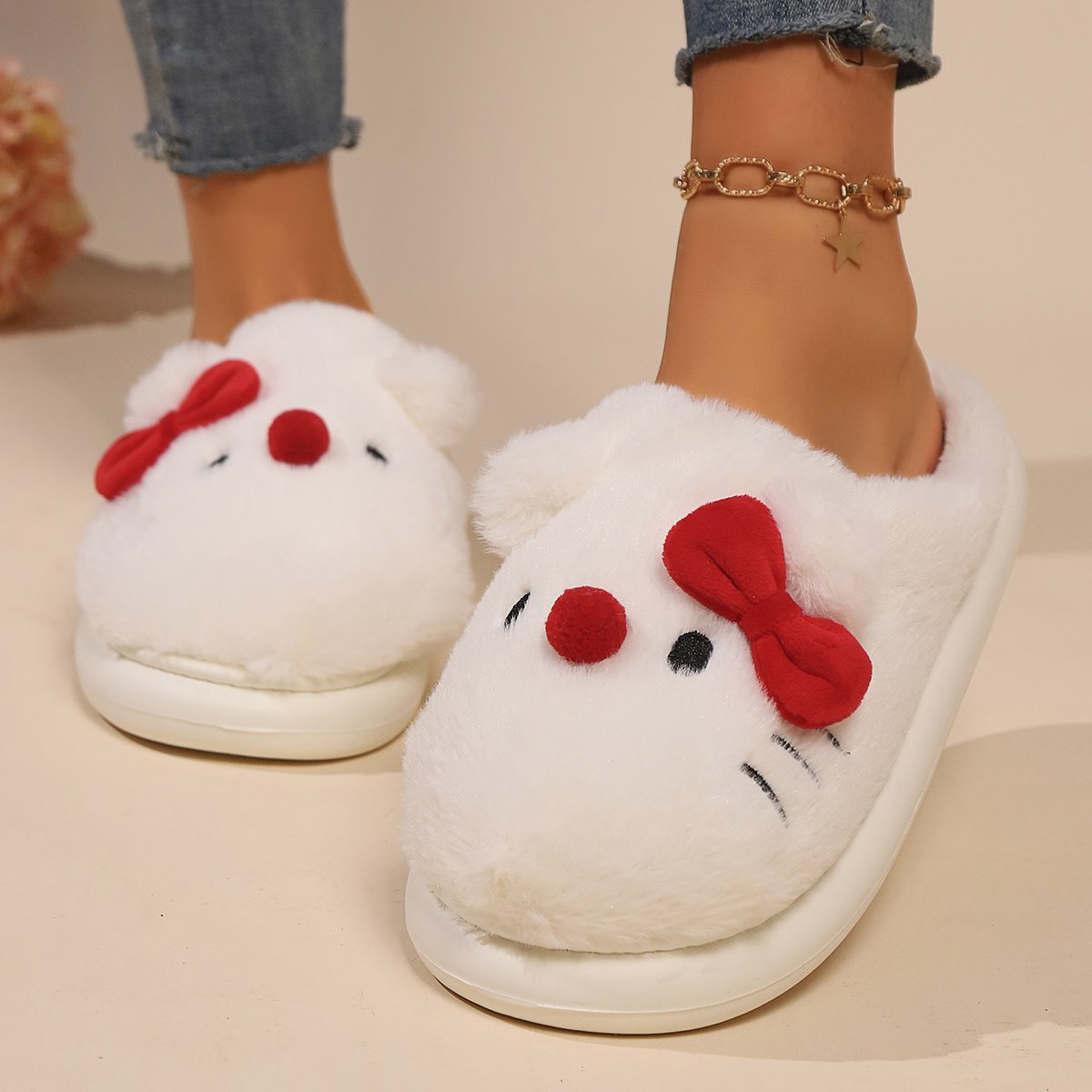 Lovely Winter Cat Red Nose Plush Shoes Indoor Ladies House Slides Comfy Warm Home Soft Plush Kitten Slipper