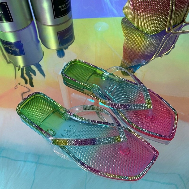 Nice rhinestones Crystal Jelly sandals Multi color slides slippers for women ladies candy color flat sandals Flip flops