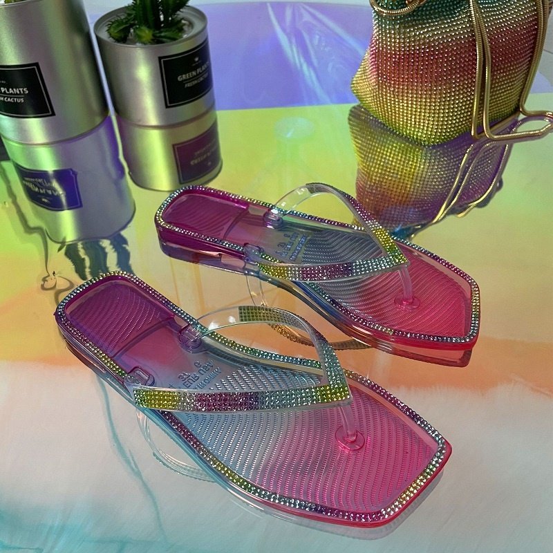 Nice rhinestones Crystal Jelly sandals Multi color slides slippers for women ladies candy color flat sandals Flip flops