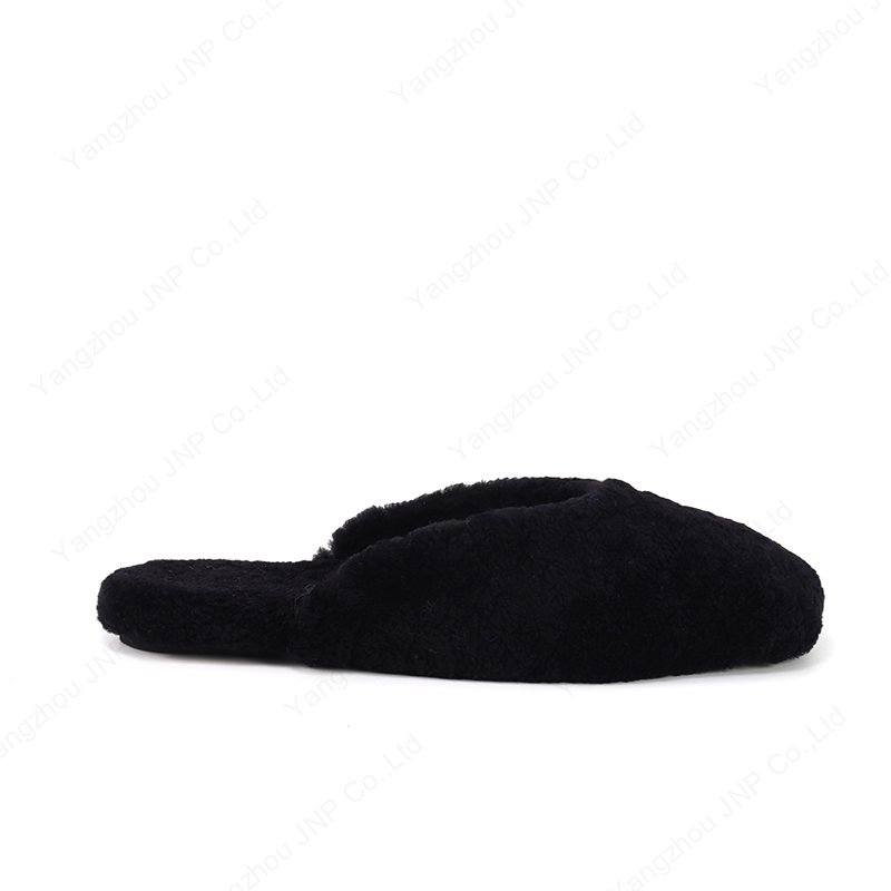 Factory Women's Cozy Warm Fluffy Natural Shearling Lined Flat Loafers Mules Plush Lamb Wool Fur Slides Slippers Black