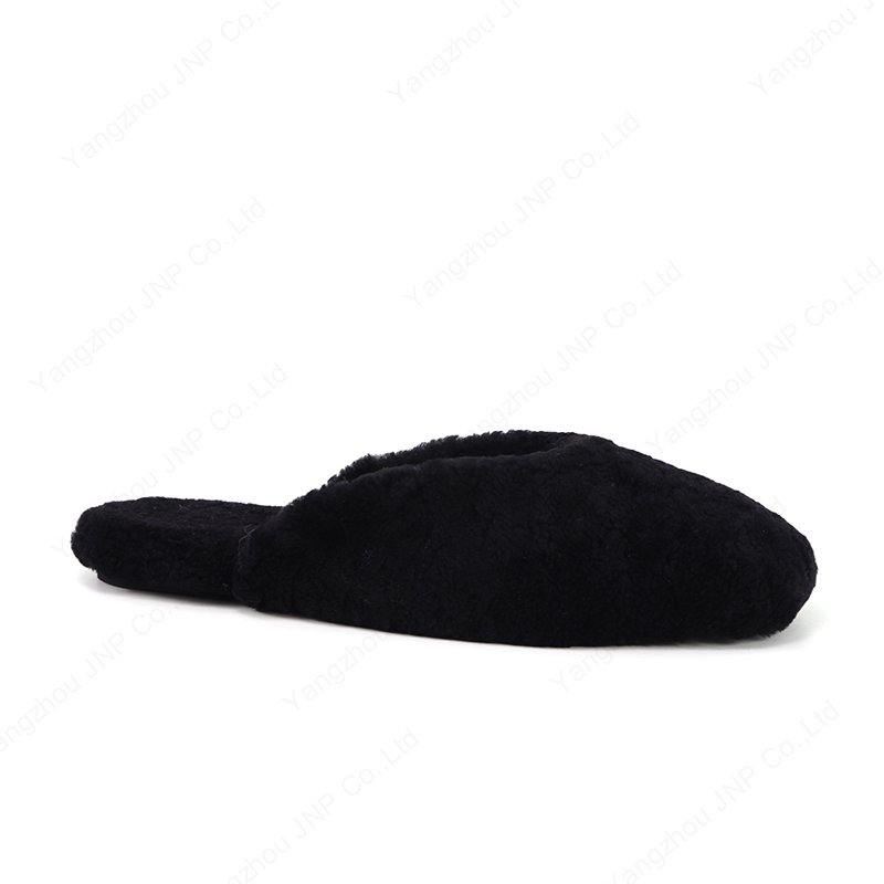 Factory Women's Cozy Warm Fluffy Natural Shearling Lined Flat Loafers Mules Plush Lamb Wool Fur Slides Slippers Black