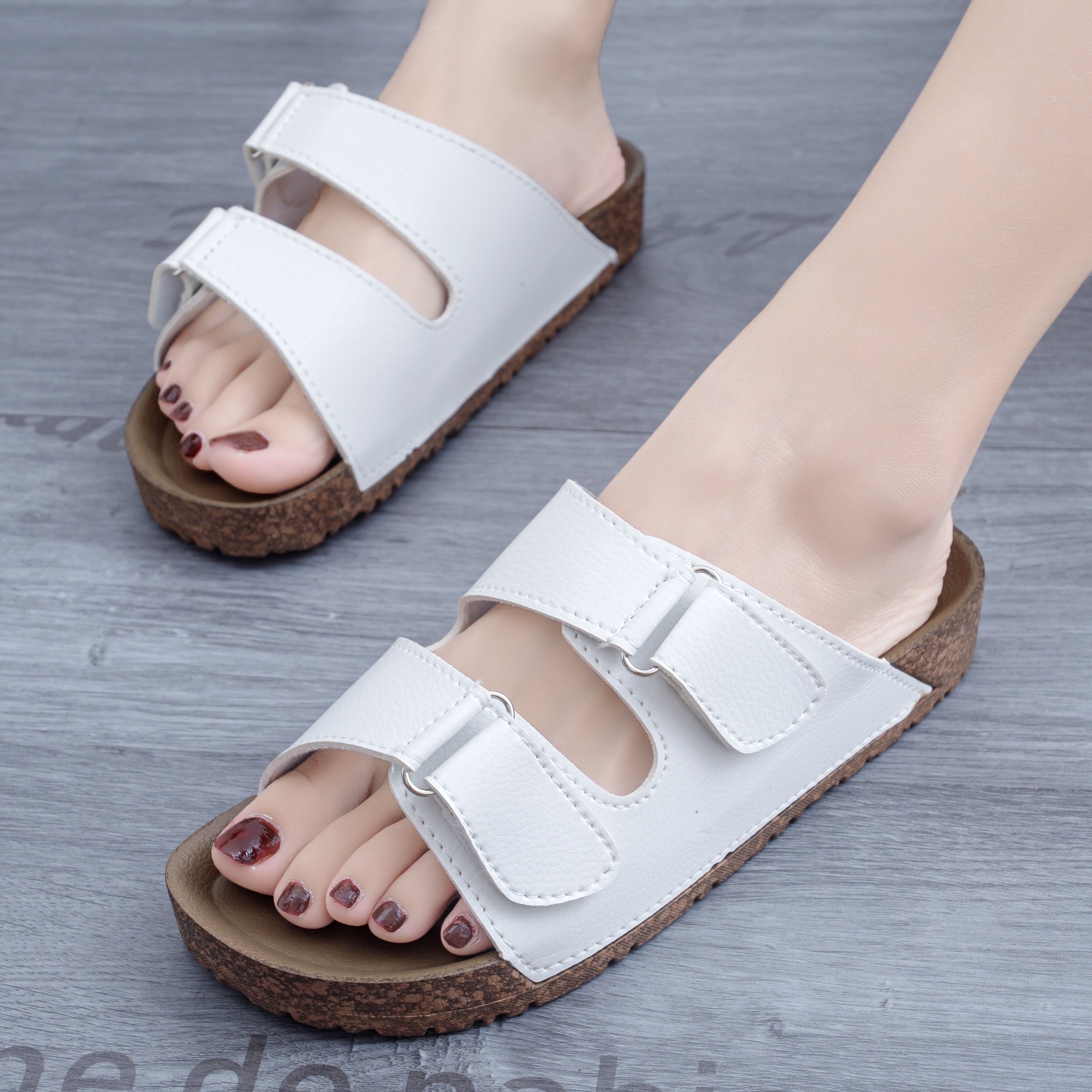 Women's Elegant soft Slides with Adjustable Buckles Slip-on Slippers Open Toe Cork sole slides slippers