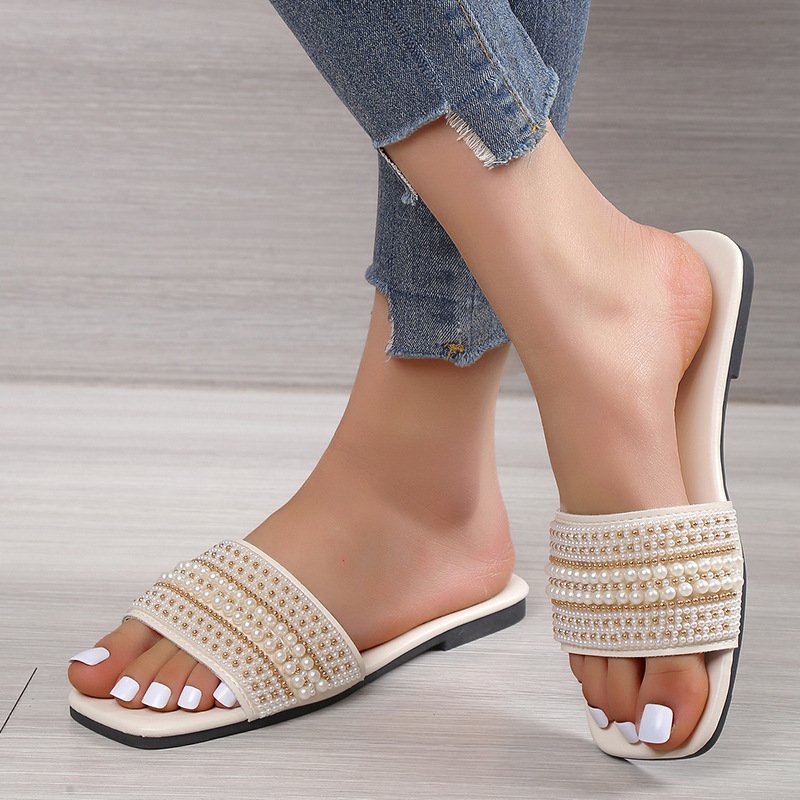 New arrivals women's flat slippers 3 color Shiny pearl luxury sandal shoes 2024 new design export quality lady flat slipper