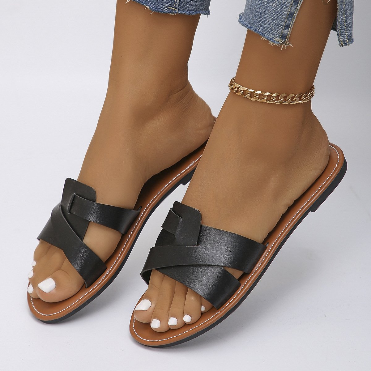 sandale petit talon latest summer open toe ladies braided slippers low heels double strap slides