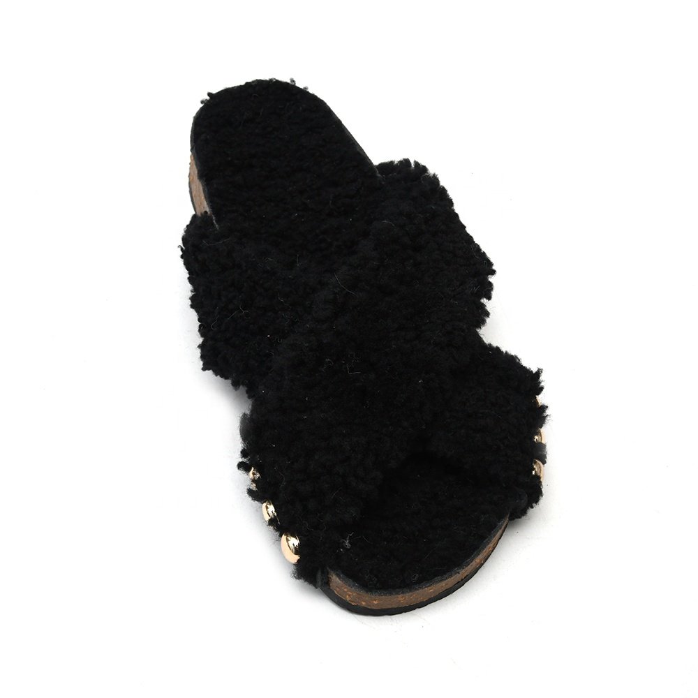 Fashion Short-Tube Customize Bedroom Open Toe Slides Faux Rabbit Fur Suede Wool Fur Women'S Cross Band Slippers for Girl