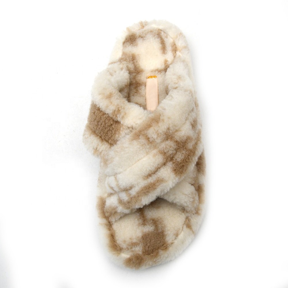 Fashion Short-Tube Customize Bedroom Open Toe Slides Faux Rabbit Fur Suede Wool Fur Women'S Cross Band Slippers for Girl