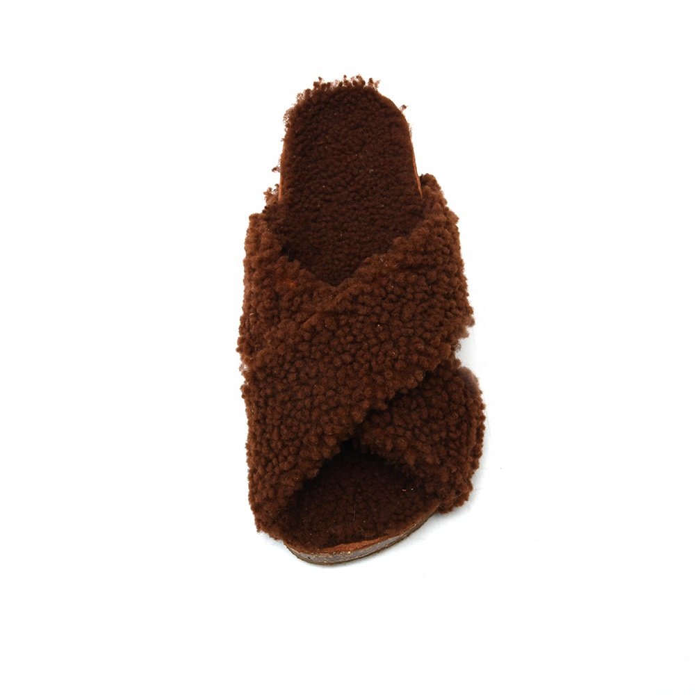 Fashion Short-Tube Customize Bedroom Open Toe Slides Faux Rabbit Fur Suede Wool Fur Women'S Cross Band Slippers for Girl