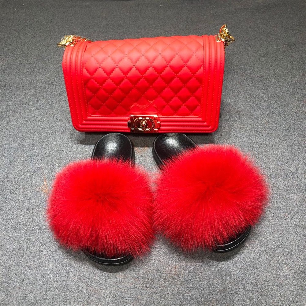 Wholesale Hot Sale Fox Fur Slippers Outdoor Sandals Fox Fur Slides Jelly Bag For Women Fur Slides With Purse Set Women Slippers