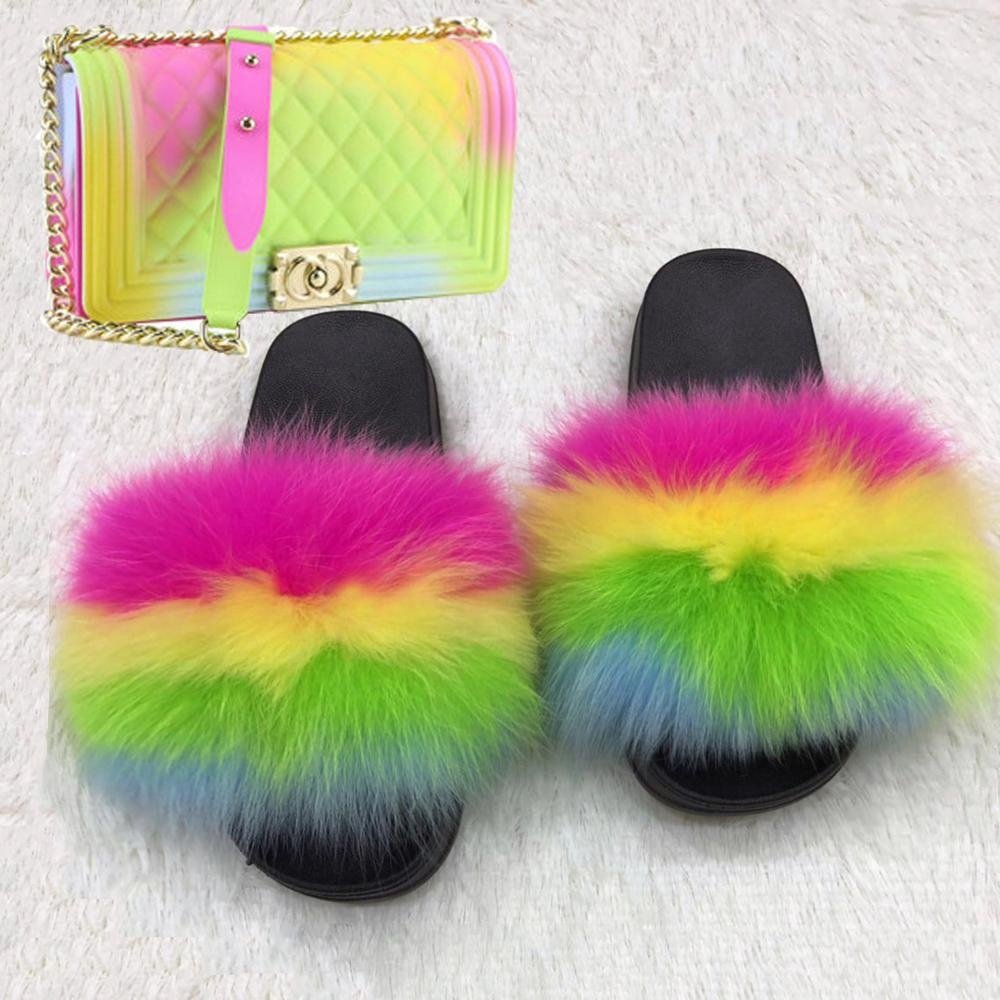 Wholesale Hot Sale Fox Fur Slippers Outdoor Sandals Fox Fur Slides Jelly Bag For Women Fur Slides With Purse Set Women Slippers