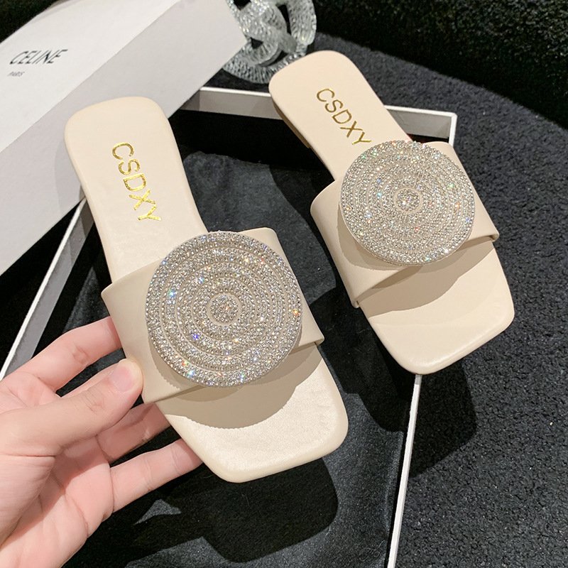 Rhinestone silippers women 2024 Summer new square toe flat bottom comfortable beach slide slippers