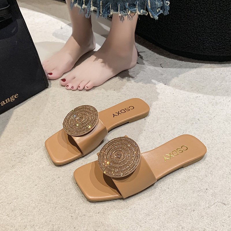 Rhinestone silippers women 2024 Summer new square toe flat bottom comfortable beach slide slippers