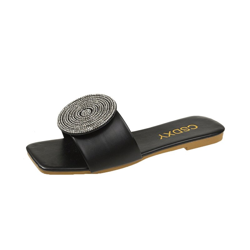 Rhinestone silippers women 2024 Summer new square toe flat bottom comfortable beach slide slippers