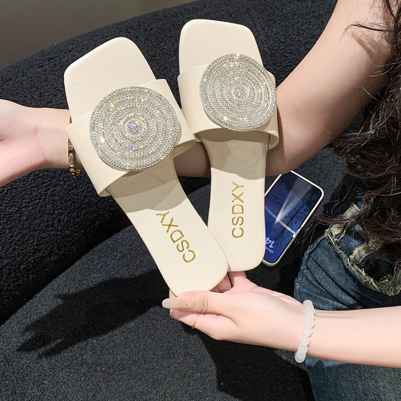Rhinestone silippers women 2024 Summer new square toe flat bottom comfortable beach slide slippers