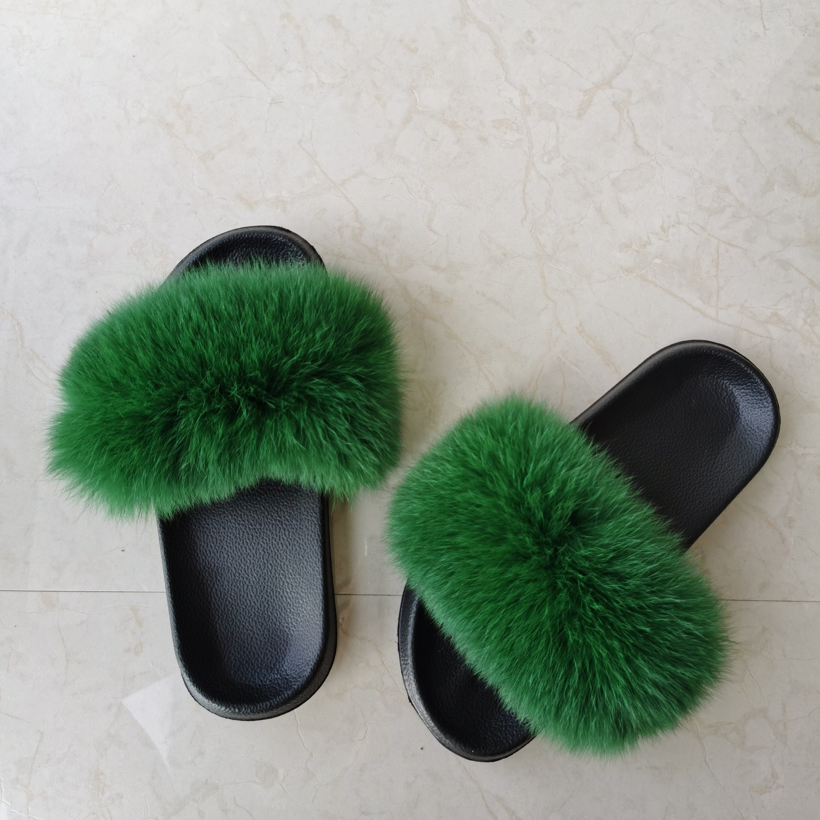 Wholesale EVA Sole Green Furry Fur Slides Sandal Colorful 100% Real Natural Fluffy Fox Fur Slipper For Women