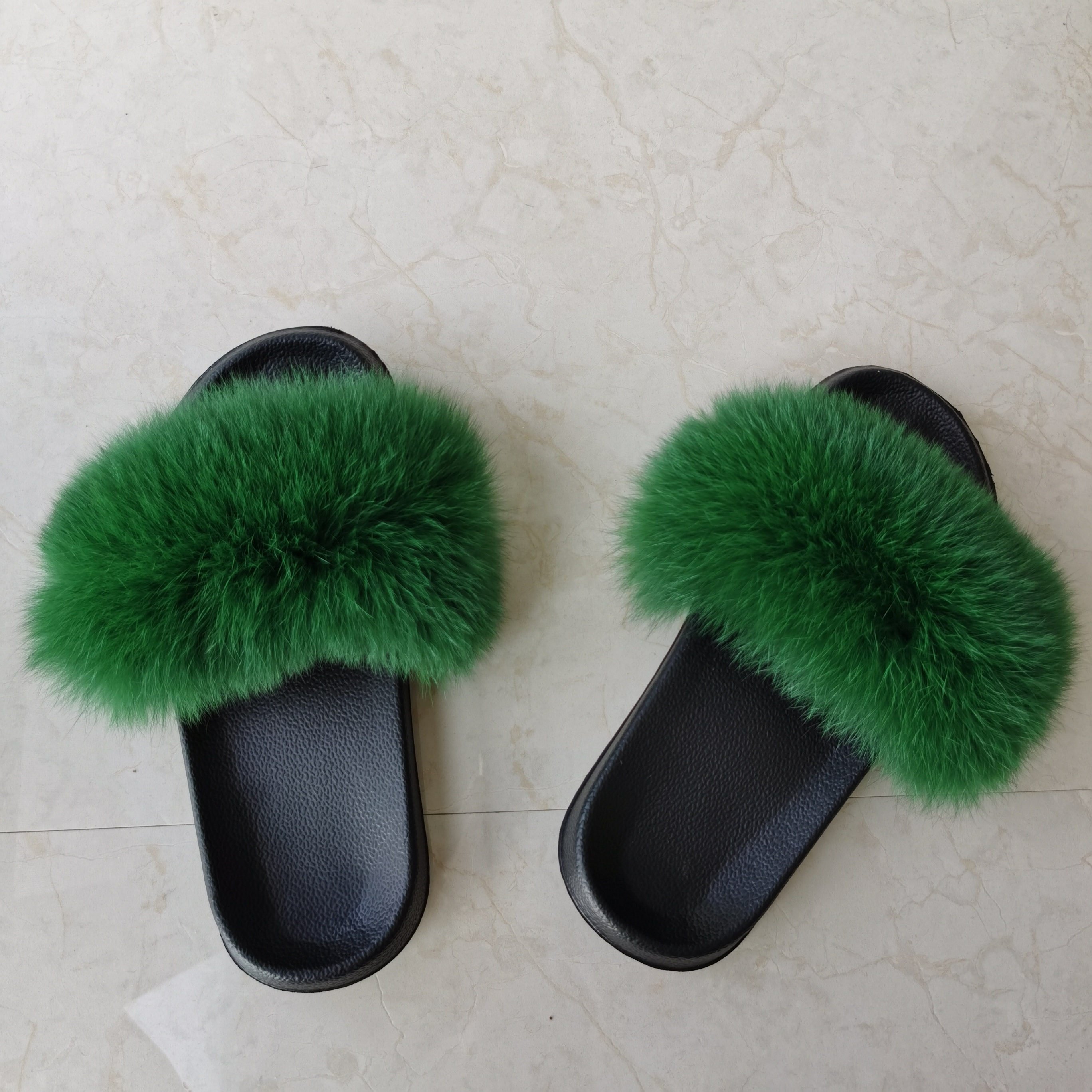 Wholesale EVA Sole Green Furry Fur Slides Sandal Colorful 100% Real Natural Fluffy Fox Fur Slipper For Women