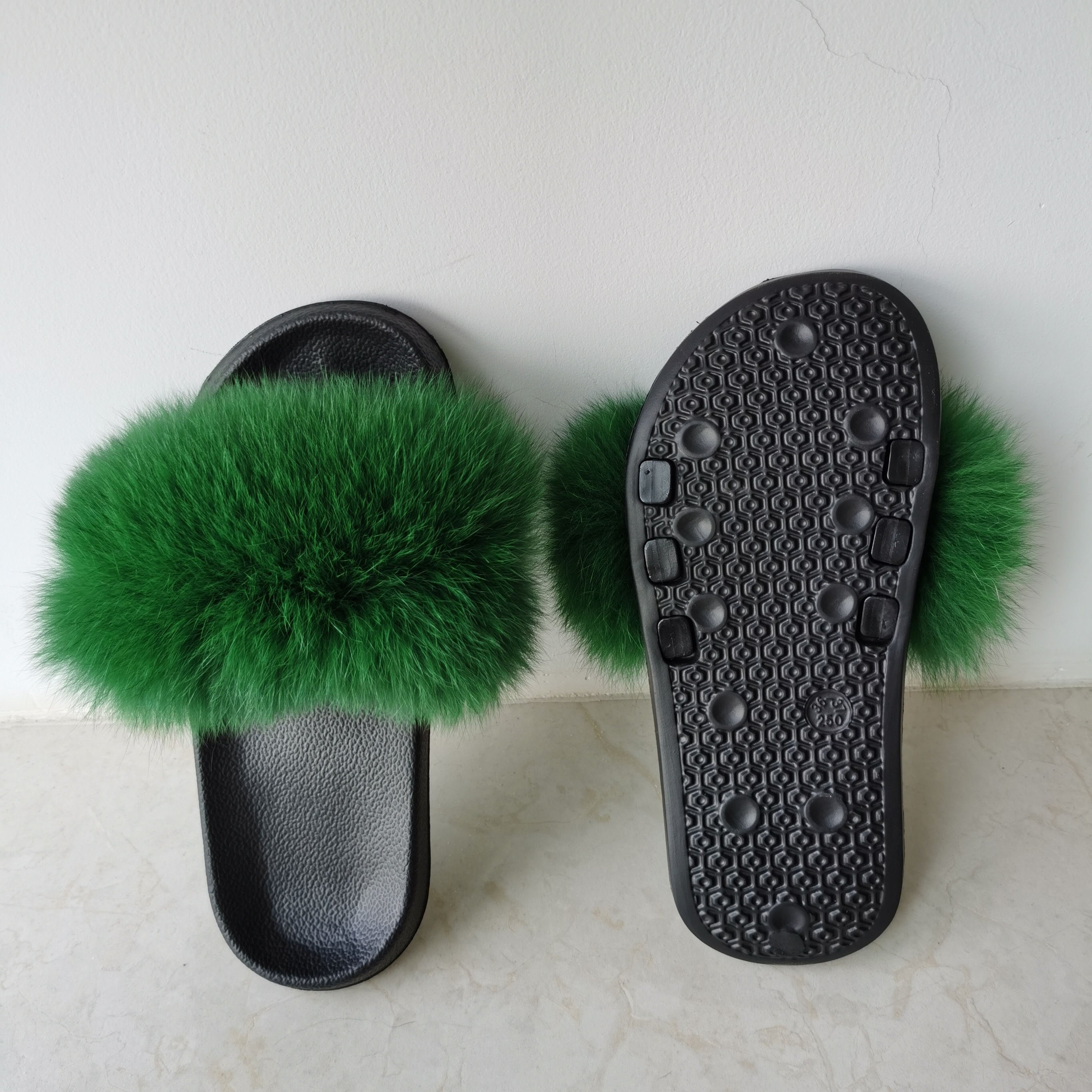 Wholesale EVA Sole Green Furry Fur Slides Sandal Colorful 100% Real Natural Fluffy Fox Fur Slipper For Women