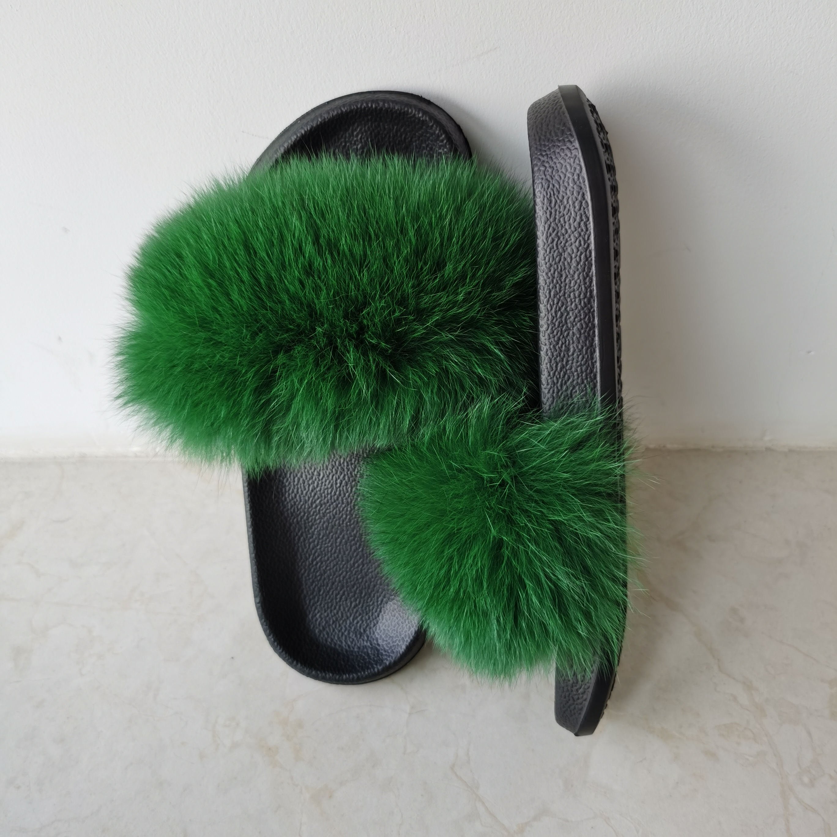 Wholesale EVA Sole Green Furry Fur Slides Sandal Colorful 100% Real Natural Fluffy Fox Fur Slipper For Women