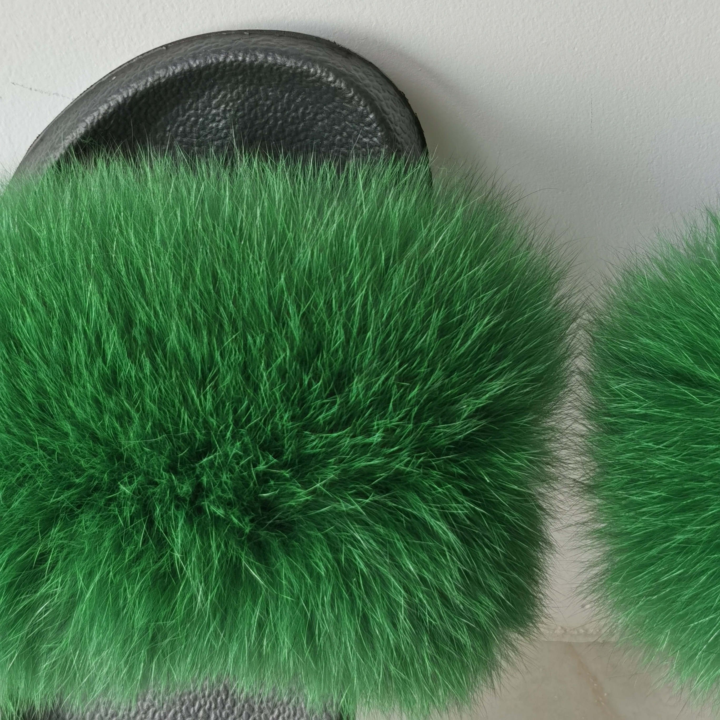 Wholesale EVA Sole Green Furry Fur Slides Sandal Colorful 100% Real Natural Fluffy Fox Fur Slipper For Women