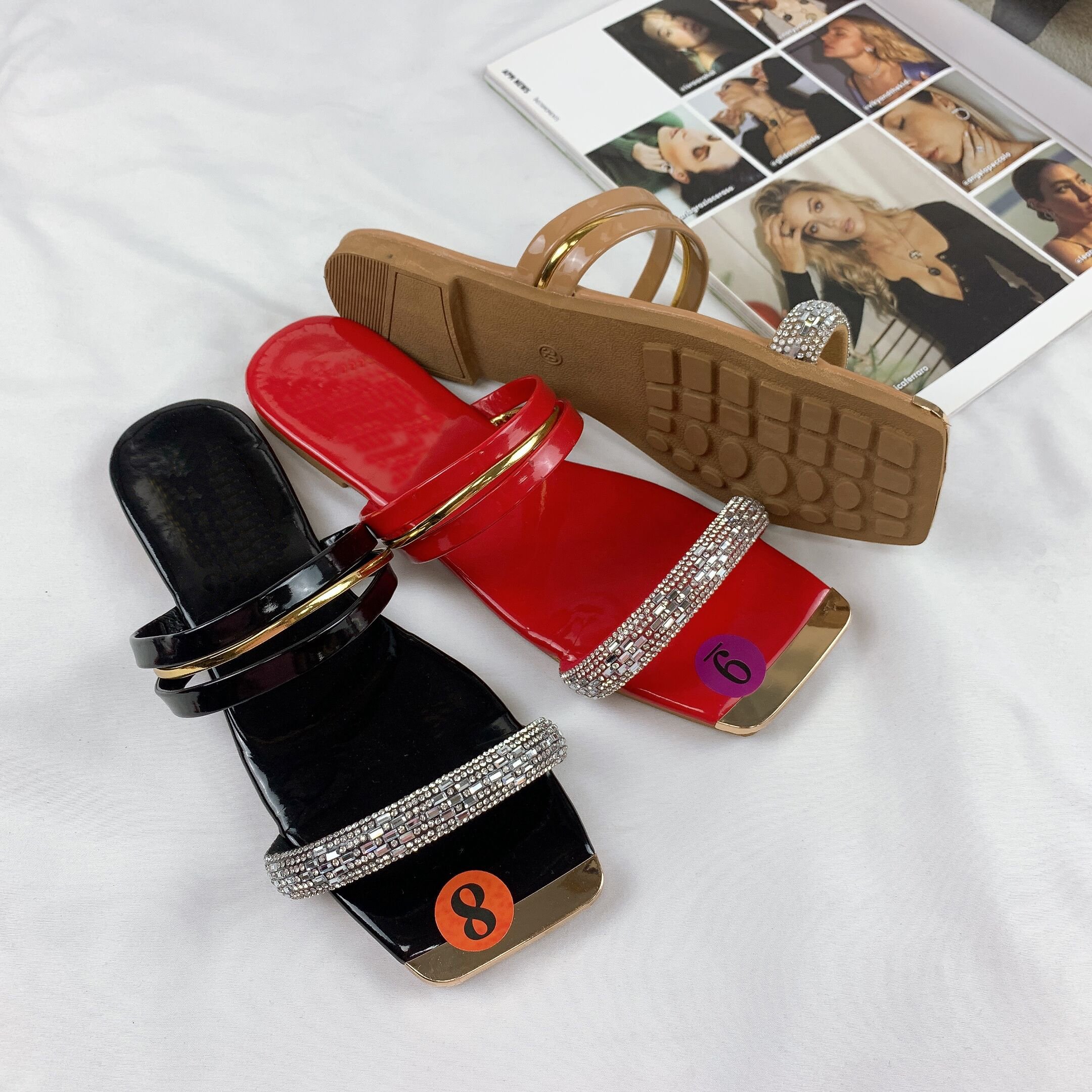 New Arrival Patent Leather Diamonds Strap Good Quality Shining Ladies Slippers