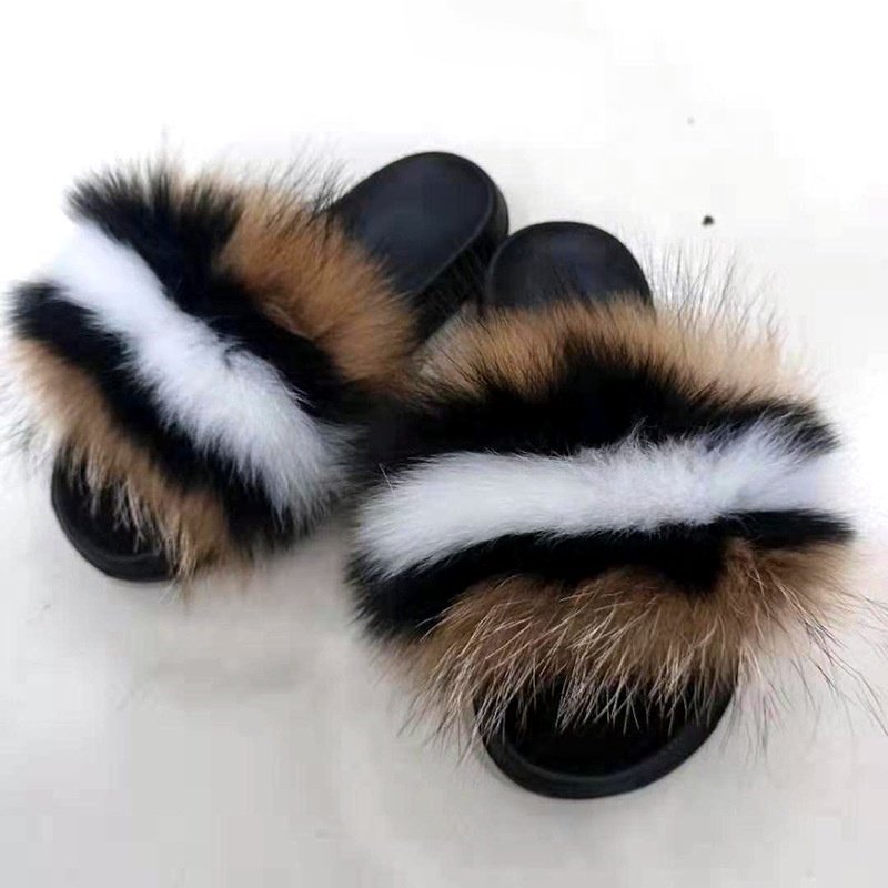 Real Fur Slippers Women Furry Slides Fluffy Luxury Fox Fur Sandals Flat Casual Fur Slide Summer Outdoor Wholesale Promotion