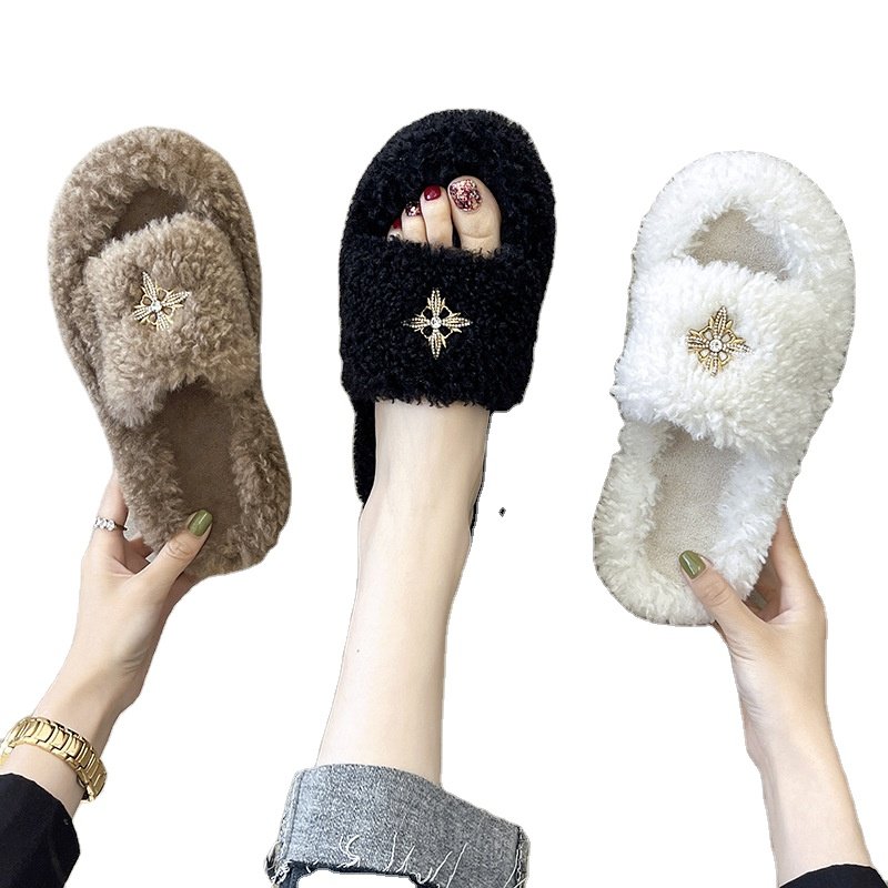 Custom Hot selling Autumn-winter Fur Slides Comfortable indoor home lamb hair slippers for women