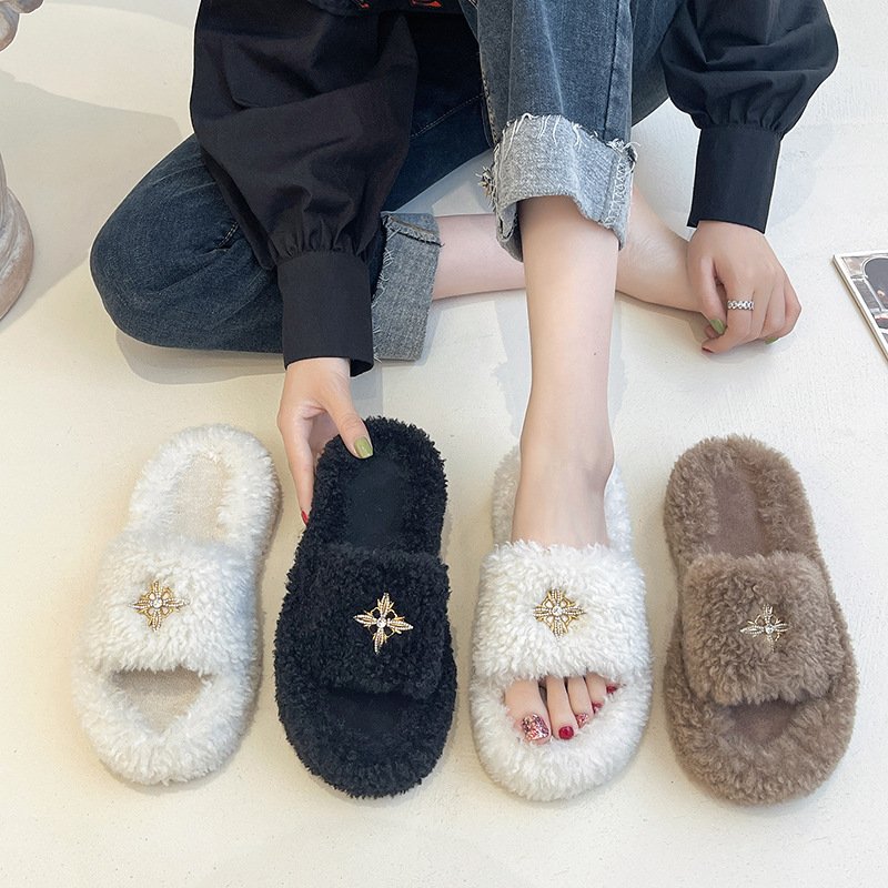 Custom Hot selling Autumn-winter Fur Slides Comfortable indoor home lamb hair slippers for women
