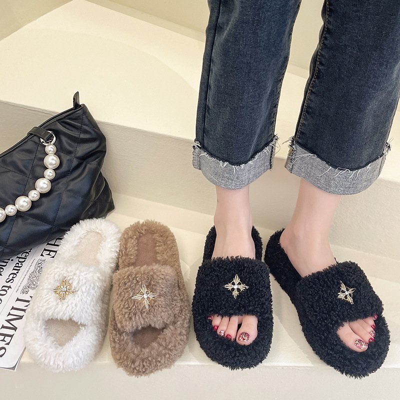 Custom Hot selling Autumn-winter Fur Slides Comfortable indoor home lamb hair slippers for women