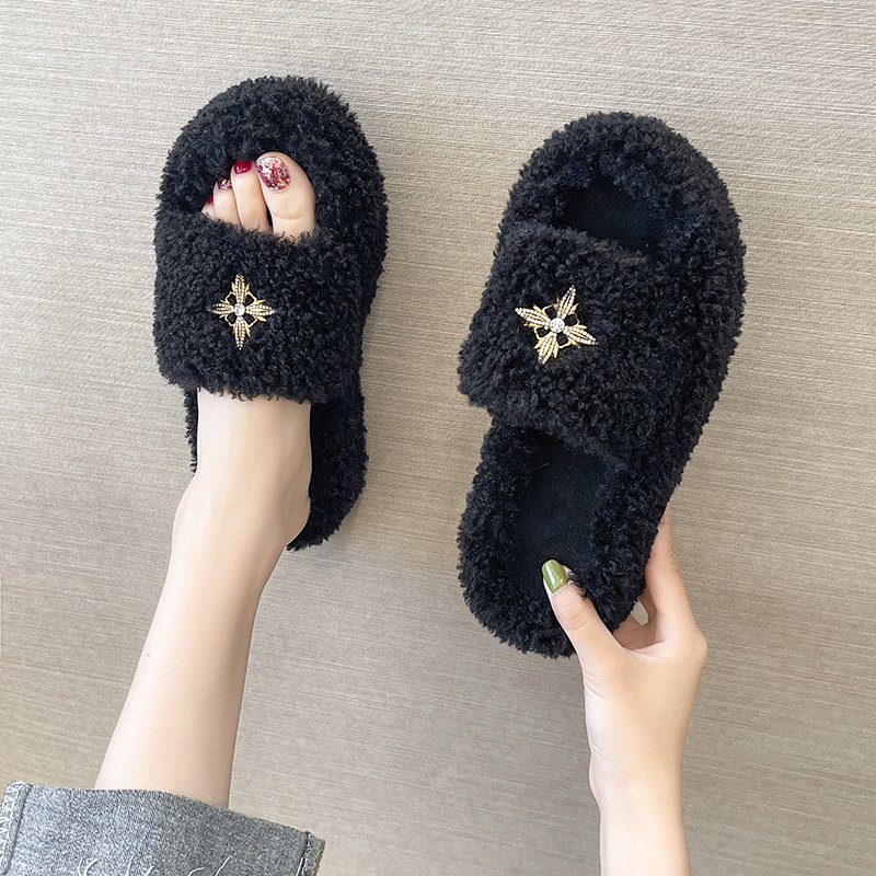 Custom Hot selling Autumn-winter Fur Slides Comfortable indoor home lamb hair slippers for women