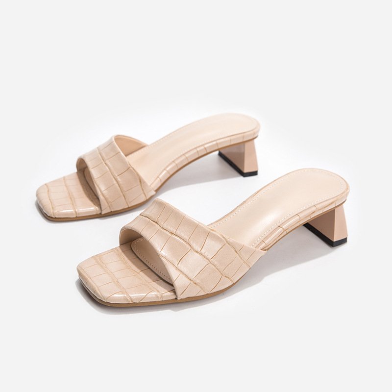 High Quality Square Toe PU Leather With Thick Heels Party Dress Women Slides Slipper