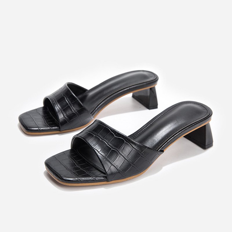 High Quality Square Toe PU Leather With Thick Heels Party Dress Women Slides Slipper