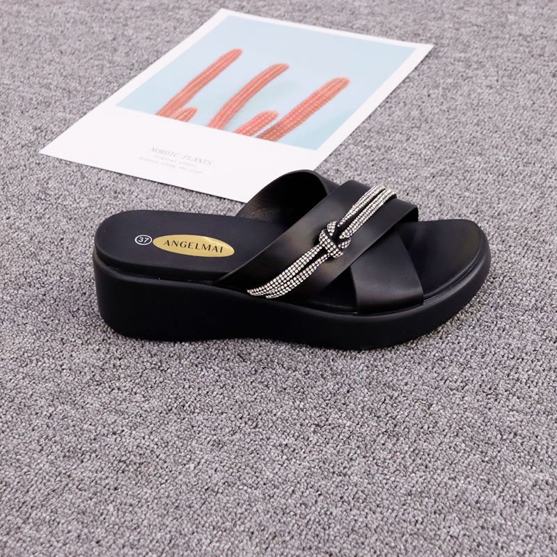 Custom platform chunky wedge heel sandals indoor soft cozy slides slippers women diamond chain wedge ladies Slippers