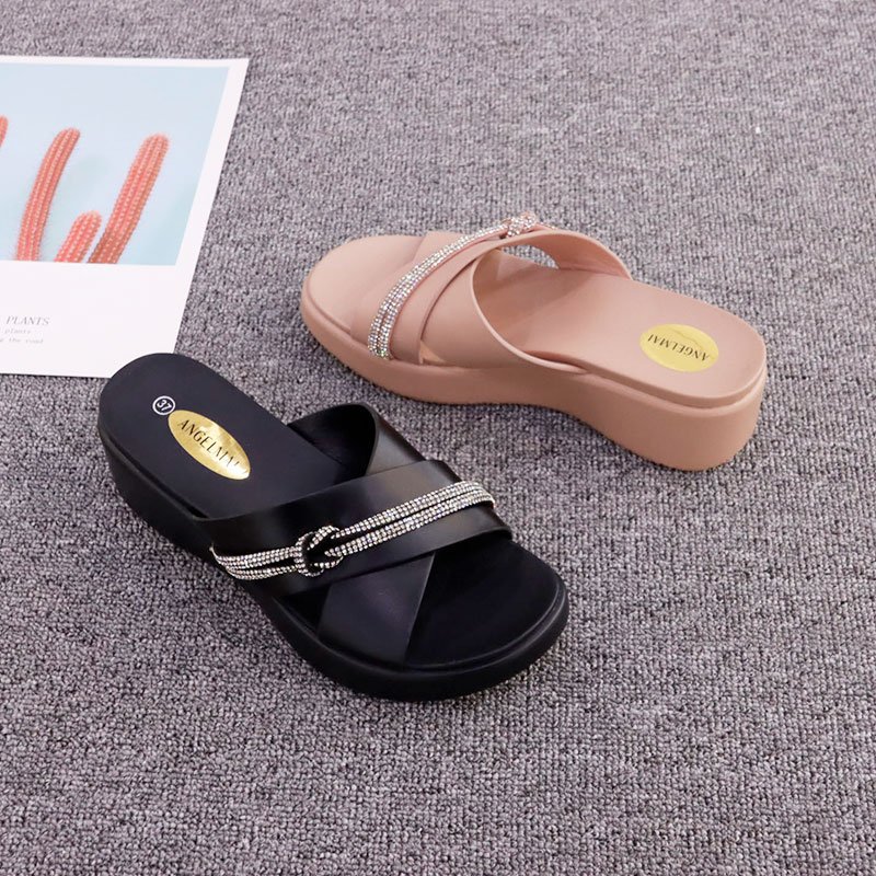 Custom platform chunky wedge heel sandals indoor soft cozy slides slippers women diamond chain wedge ladies Slippers
