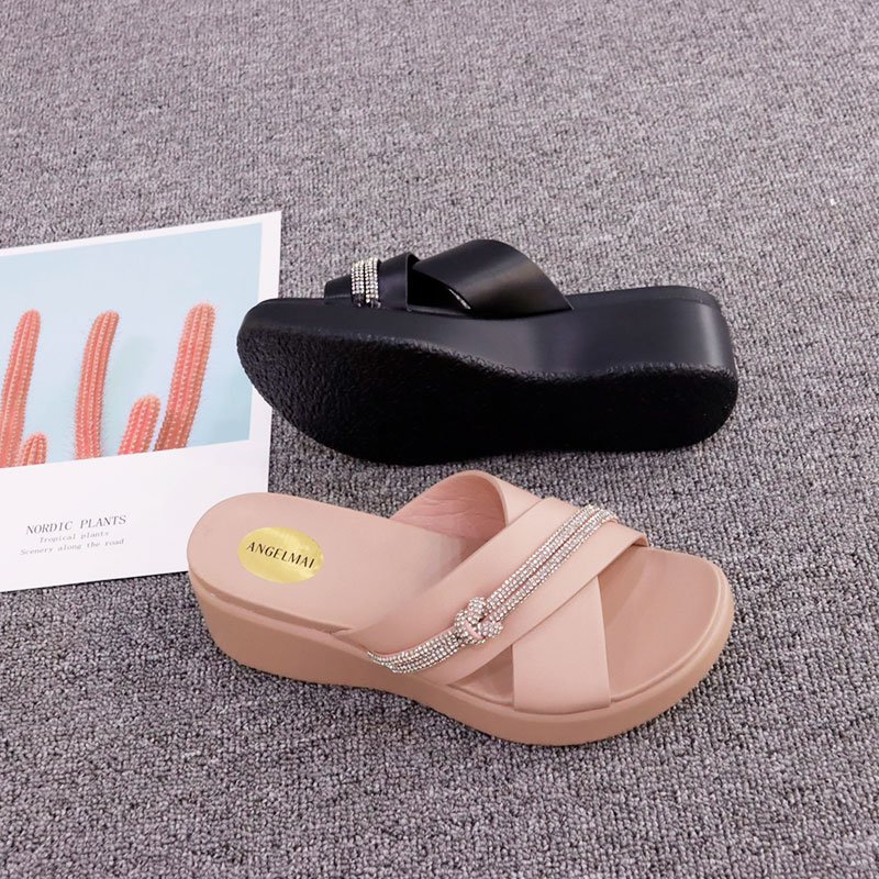Custom platform chunky wedge heel sandals indoor soft cozy slides slippers women diamond chain wedge ladies Slippers