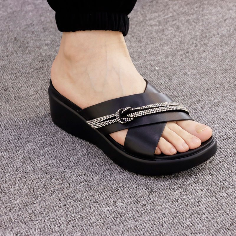 Custom platform chunky wedge heel sandals indoor soft cozy slides slippers women diamond chain wedge ladies Slippers