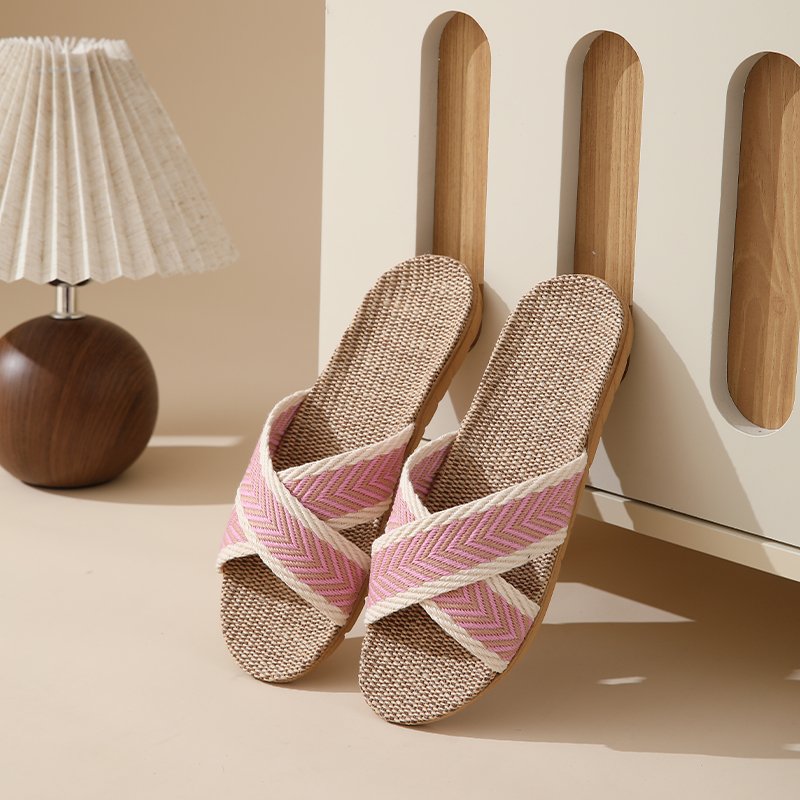 Light Weight Breathable Summer Home Slippers Crossed Flax Linen Custom Slides Slippers for Women Couples