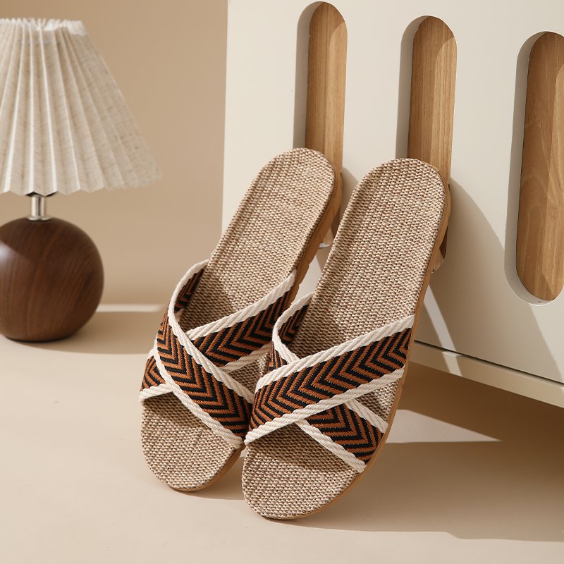 Light Weight Breathable Summer Home Slippers Crossed Flax Linen Custom Slides Slippers for Women Couples