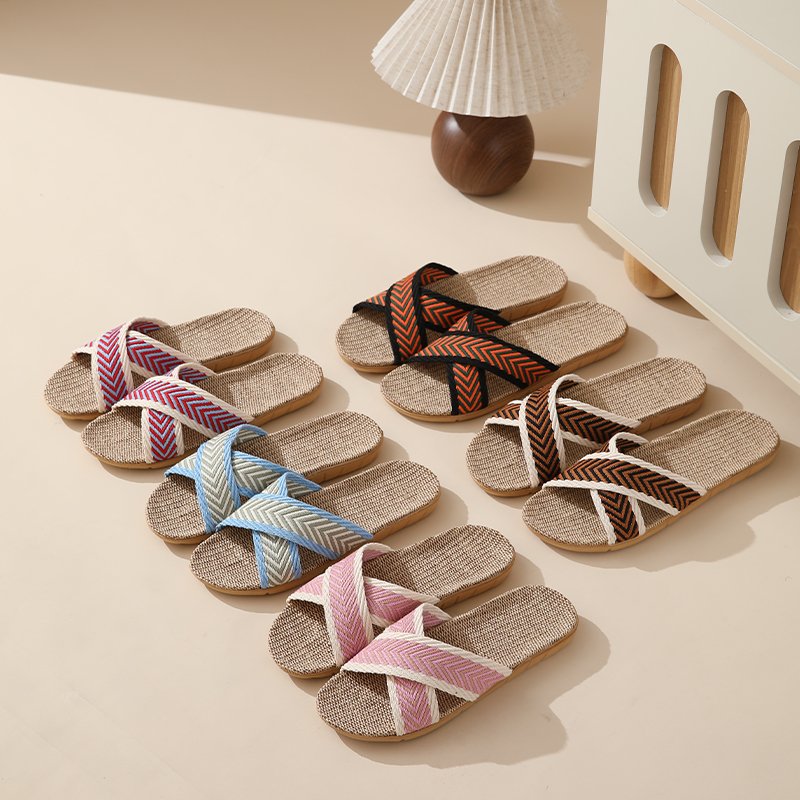 Light Weight Breathable Summer Home Slippers Crossed Flax Linen Custom Slides Slippers for Women Couples