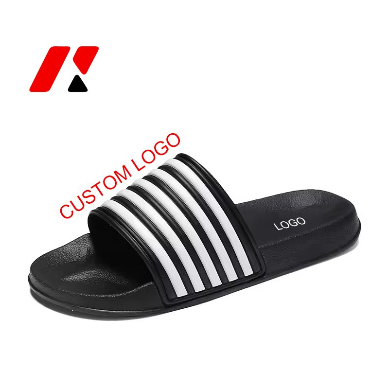High Quality Custom Logo Men Slides Shoe Open Toe Footwear Good Luck Win Embossed Pattern Custom Beach Sandals Slides Slippers